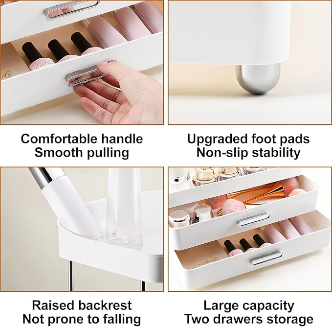 DASITON 4 Tiers Makeup Organizer, 2 Drawers Large Cosmetic Organizers for Vanity Bathroom Countertop, Bathroom Organizers and Storage for Skincare, Cosmetic, Perfume, Dresser Organizer (White+White)