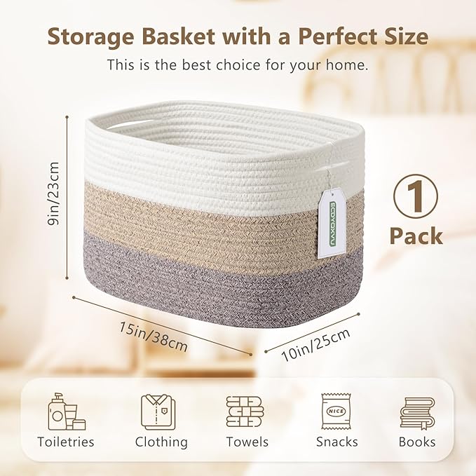 ECDYQXVU Cotton Rope Storage Basket, 15x10x9 Inches, Woven Basket for Shelves, Clothes, Towels, Books, and Laundry, White Brown (1 Pack)