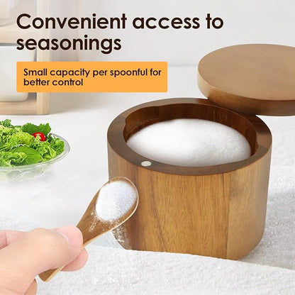 UKQRRTC Acacia Wood Salt Bowl with Built in Spoon and Magnetic Swivel Lid Round Salt Cellar Kitchen Salt Holder for Storing Salt Pepper Sugar Spice (Style 1)
