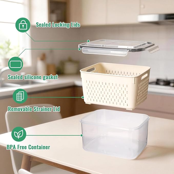 5 PCS Fruit Storage Containers for Fridge Berry Storage Containers Veggie Storage with Drain Tray BPA-Free Plastic Fruit Containers with Removable Colander Crisper for Long-Term Freshness
