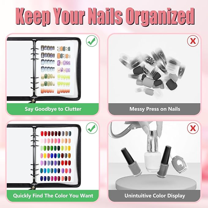 KEIFIN Press On Nail Storage Organizer Binder with 8 Insert Pages - A5 Size Reusable Fake Nail Swatch Collecting Book Polish Color Display Holder Container with Tape and Zipper Pocket (BLACK)