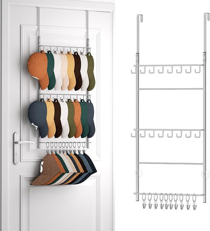 HapiRm Over Door Hat Rack - 3 Tier Wall Mounted Hat Organizer with 16 Hooks and 10 Movable Clips, Cap Hanger Storage up to 26 Caps for Door, Bedroom, Closet USPTO Patent Pending（Silver）