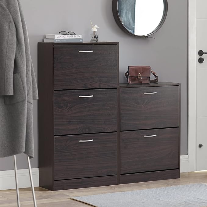 Haotian Shoe Cabinet for Entryway, Tall Freestanding Shoe Rack with 3 Flip-Drawers, Hidden Storage Shoe Organiazer Entrance Hallyway, Brown, FSR110-BR