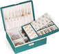 Jewelry Box for Women Girls, 2 Layers Jewelry Organizer Container with Lock, PU Leather Storage Case with Removable Tray, Jewelry Display Box for Necklaces Earrings Bracelets Rings Watches (Green)