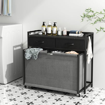 STIKELY Laundry Hamper Laundry Basket with 3 Section Pull-Out Rolling Bags, Laundry Sorter for Organization and Storage with 2 Pull-Out Drawers for Laundry Room, Bathroom, Bedroom Use (Black)