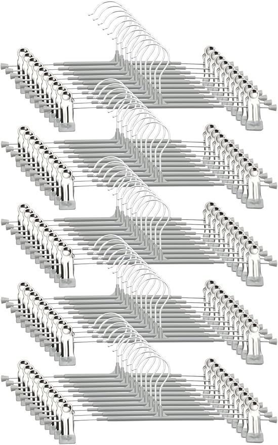 Pants Hangers with Clips, 50 Pack Heavy Duty Space Saving Pant Hangers for Closet Organizer, 12 Inch Gray Non Slip Clip Hangers for Jeans, Skirts, Shorts & Trousers, 360° Swivel Hook