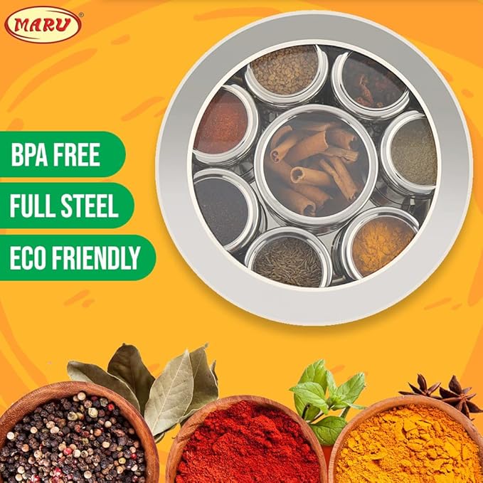 MARU Stainless Steel 8 in Masala Dabba - Authentic Indian Spice Box Set for Kitchen, Spice Rack Container Indian Masala Spice Boxes, See Through Lid 8 Containers, 3 Spoons (20.5Cms) (Blue)