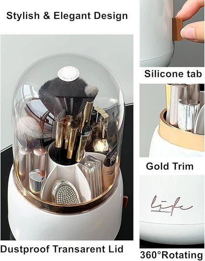 360 Rotating Makeup Brush Holder with Lid Clear Dustproof Make Up Organizers for Vanity Countertop Includes a Foldable Bowl for Cleaning Makeup Brush Transparent Dustproof(Beige)