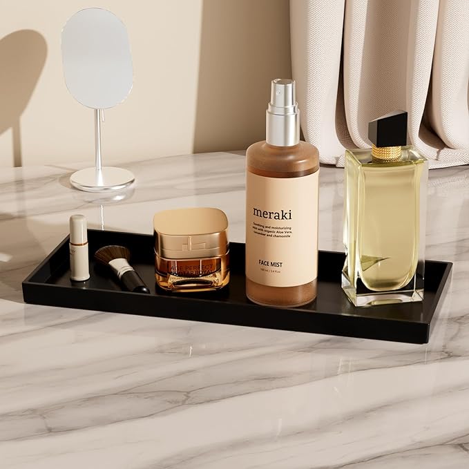 Vanity and Bathroom Tray, 15" ABS Countertop Organizer,Waterproof Vanity Tray for Toilet Tank,Perfume,Soap,Keys,Bathroom Accessories,Kitchen and Bath Trays,Non Slip Small Trays,Black