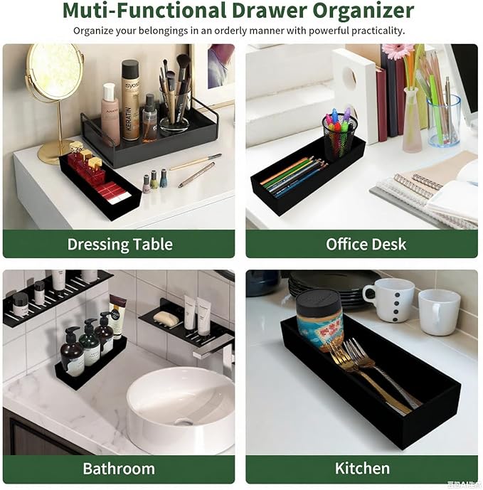 Bamboo Kitchen Drawer Organizer Black Box - Utensil Organizer Silverware Tray Cutlery Holder, Desk Supplies & Accessories, 12"*4"*2"