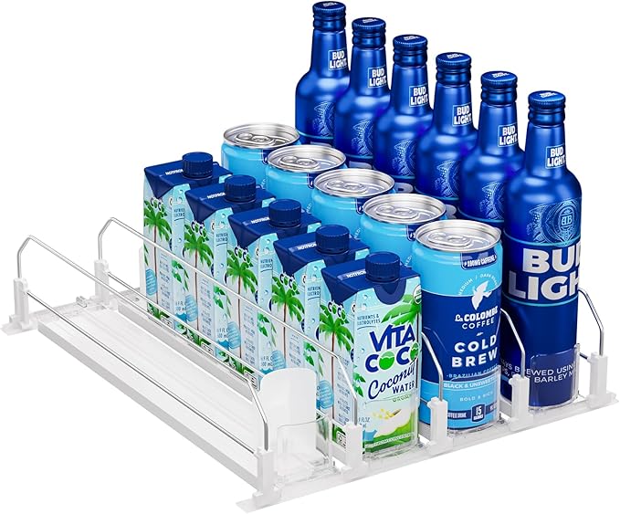 Puricon Drink Organizer for Fridge - Spring Loaded Pusher Glide, Self Pushing Soda Can Dispenser, Beer Bottle Beverage Holder for Refrigerator - 4 Rows, White