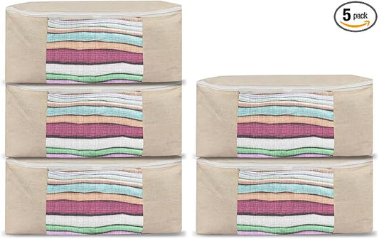 Canvas Storage Bag - Saree Covers with Zip | Canvas Saree/Garment Storage Bag for Dresses, Sarees, Lehengas, Clothes (CANVAS STORAGE BAG L-PACK OF 5, 15 × 13 × 9 Inches PACK OF 5)