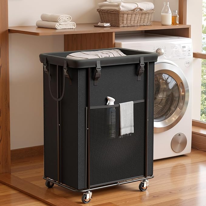 200L Laundry Hamper with Wheels, Rolling Laundry Basket with Metal Frame and Removable Bag, Large & Tall Dirty Clothes Hampers for Bedroom Aesthetic, Laundry Room, Bathroom, Dorm-Black