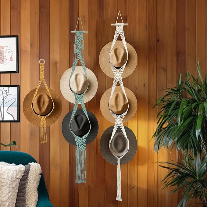 Besoamo Bohemian Hat Hanger for Wall, Macrame Hat Rack for Wall Hanging Hat Display, Hand-woven Hat Organizer for Wide-Brim Hat, Decorative Boho Hat Storage Cowboy Hat Holder(3 Styles and 3 Colors)