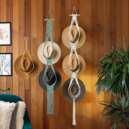 Besoamo Bohemian Hat Hanger for Wall, Macrame Hat Rack for Wall Hanging Hat Display, Hand-woven Hat Organizer for Wide-Brim Hat, Decorative Boho Hat Storage Cowboy Hat Holder(3 Styles and 3 Colors)