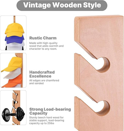 Solid Wood Hat Rack for Wall (3 Pack) - 30 Baseball Cap Organizer - Premium Beech Hat Holder & Vertical Display - Heavy Duty Hat Hangers for Closet, Door, Mens Room Decor (Natural)