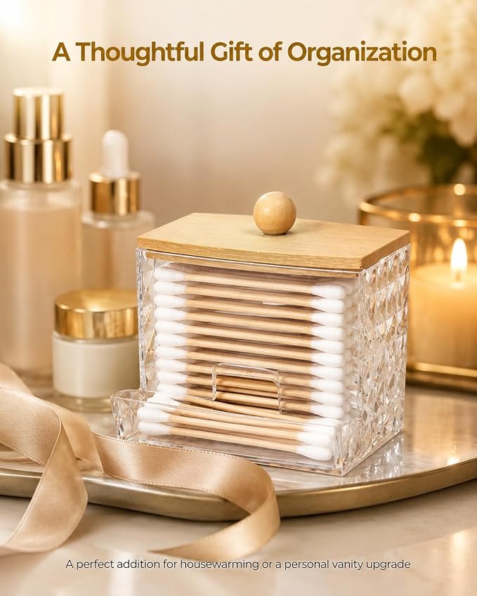 Diamond Pattern Cotton Swab Holder with Bamboo Lid - Clear Bathroom Vanity Organizer, Shatterproof U-Slot Swab Dispenser, Apothecary Jar for Cotton Swabs & Countertop Storage
