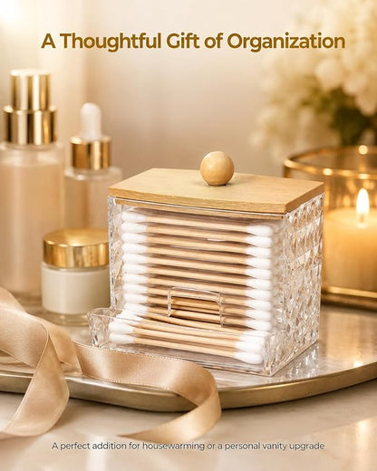 Diamond Pattern Cotton Swab Holder with Bamboo Lid - Clear Bathroom Vanity Organizer, Shatterproof U-Slot Swab Dispenser, Apothecary Jar for Cotton Swabs & Countertop Storage