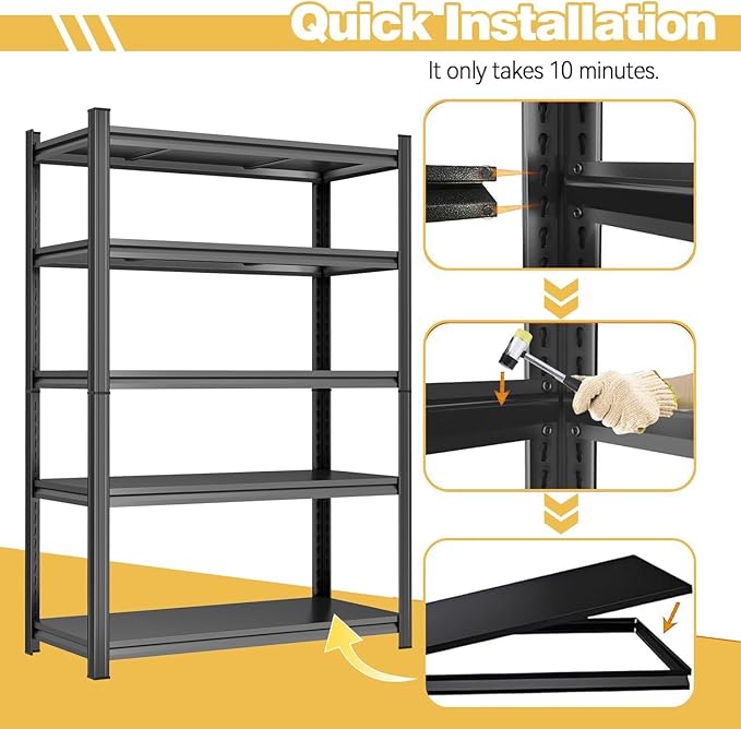 78" H Garage Shelving 2400LBS Capacity Heavy Duty Storage Shelves, Adjustable 5 Tier Metal Industrial Shelf for Kitchen, Utility Room, Warehouse and Basement,18" Dx36 Wx78 H, Black