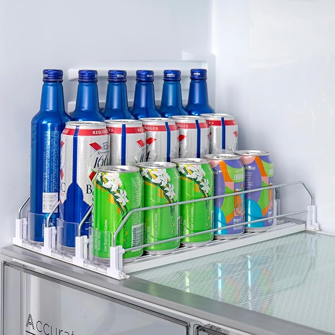 RULA Drink Organizer for Fridge, Width Adjustable Water Bottle Pusher Glide, Self-Pushing Soda Can Dispenser for Refrigerator - Holds up to 15 Cans (15" D, 3 Rows)