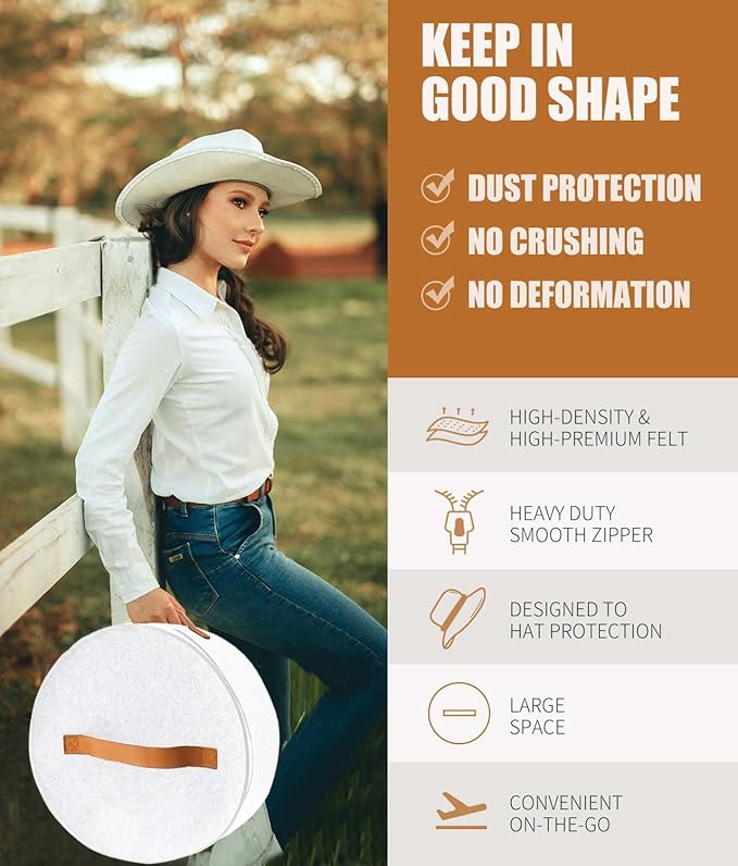 Hat Box, Travel Hat Storage Box, Foldable Space-saving Hats Boxes Organizer for Men & Women Storage, Stackable Hats Carrier Case for Round Brim, Cowboy, Panama, Tweed Caps - White