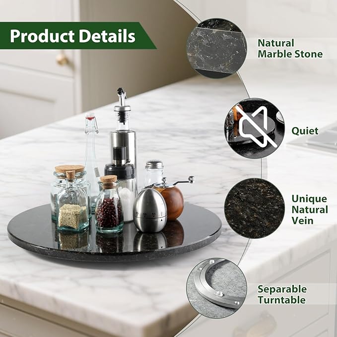 Marble Lazy Susan, 16 in Lazy Susan Turntable Organizer for Cabinet Pantry Kitchen Countertop Fridge Bathroom Makeup Vanity Countertop - Black