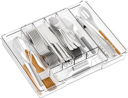 Yieach Clear Expandable Silverware Drawer Organizer,9.4-15.6In Adjustable Silverware Tray for Drawer,Acrylic Kitchen Utensil Drawer Organizer for Cutlery,Flatware Organizers and Fork and Spoon Holder