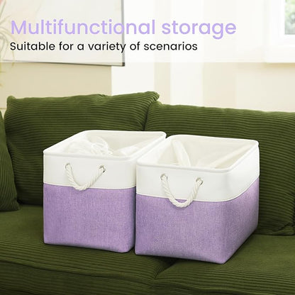 Large Storage Baskets- 16x12x12 inch Storage Bins for Shelves and Closet Organizing, Foldable Fabric Bin for Home Organization Clothes and Laundry (1-Pack, White&Purple)