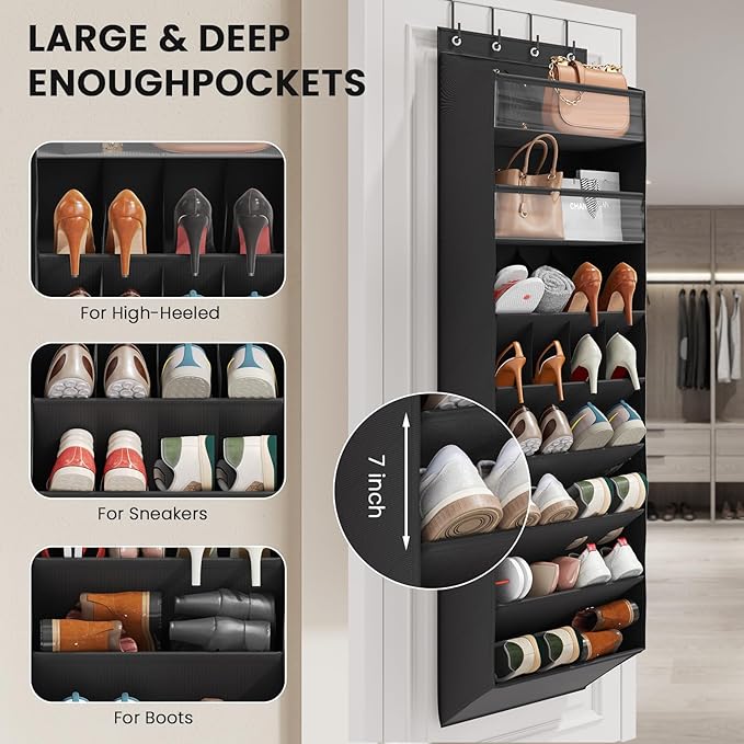 Mefirt 16-20 Pairs Over the Door Shoe Organizer, Clear Pockets Shoe Rack for Closet Door, Hanging Shoe Rack for Boots, Behind the Door Shoe Holder Fit All the Family's Sneakers, Boots, Heels, Black