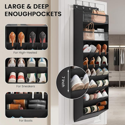Mefirt 16-20 Pairs Over the Door Shoe Organizer, Clear Pockets Shoe Rack for Closet Door, Hanging Shoe Rack for Boots, Behind the Door Shoe Holder Fit All the Family's Sneakers, Boots, Heels, Black