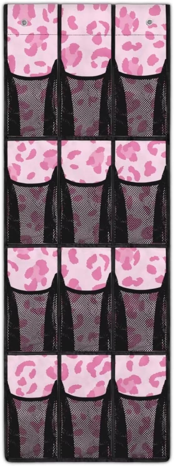 Leopard Print Over The Door Shoe Organizers with 12 Pockets,Quick Dry Mesh Organizer Hanging for Pantry Bathroom Closet,Mesh Pocket Over the Door Shoe Organizer for RV,Pantry,Camping