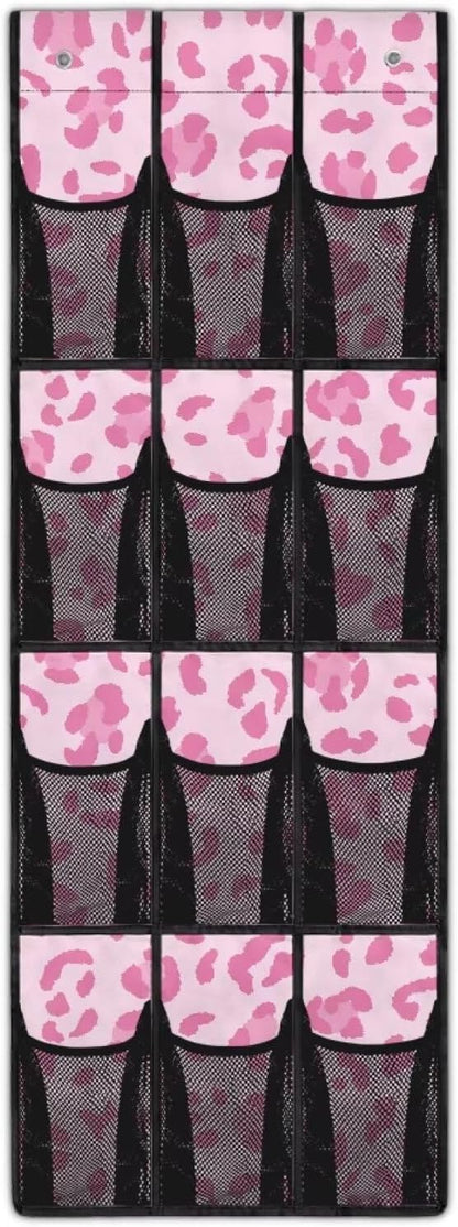 Leopard Print Over The Door Shoe Organizers with 12 Pockets,Quick Dry Mesh Organizer Hanging for Pantry Bathroom Closet,Mesh Pocket Over the Door Shoe Organizer for RV,Pantry,Camping