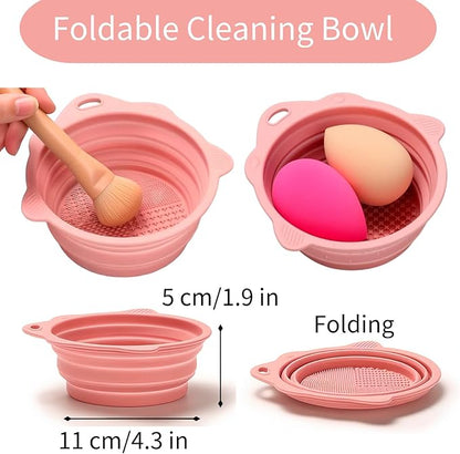 YLYZ Makeup Brush Holder with Cleaning Bowl, Makeup Brush Organizer Cosmetic Display Cases, Hair Brush Holder for Vanity, Pink