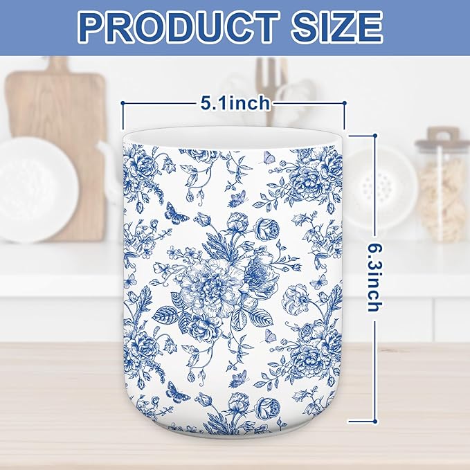 JarThenaAMCS Patriotic Ceramic Utensil Holder 4th of July Blue Chinoiserie Floral Flower Butterfly Utensil Crock for 250th Anniversary Home Kitchen Countertop Storage Organizer Container