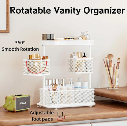 Bathroom Counter Organizer 3 Tier Rotating Cosmetic Holder Standing Shelf Vanity Bedroom Storage Cabinet Bathroom Tray for Countertop Storage Kitchen Spice Rack (White, 3Tiers)