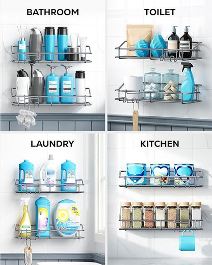 Nieifi Shower Caddy Shelf with Hooks Storage Rack Organizer Adhesive Stainless Steel Without Drilling for Bathroom, Lavatory, Washroom, Restroom, Shower, Toilet, Kitchen - 2 Pack (Gray)