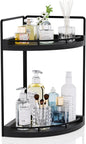 Corner Bathroom Counter Organizer, 2 Tier Wood Vanity Storage, Waterproof Skincare Shelf for Kitchen & Toiletries Decor, Dresser (Black-2 Tier)