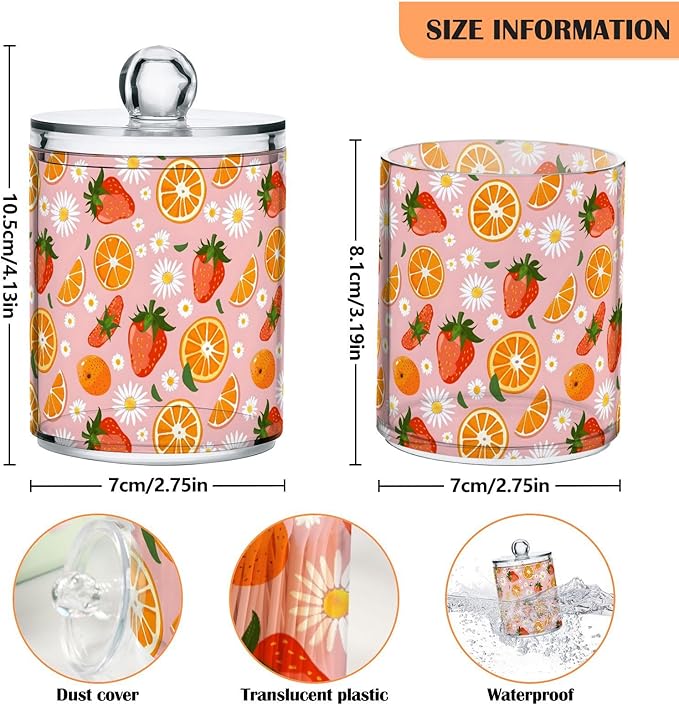 ALAZA 2pcs Strawberry Orange Fruit Daisy Flower Qtip Holder Dispenser 14 oz Bathroom Storage Clear Apothecary Jars Containers Cotton Ball,Cotton Rounds,Floss Picks, Hair Clips, Food