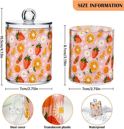ALAZA 2pcs Strawberry Orange Fruit Daisy Flower Qtip Holder Dispenser 14 oz Bathroom Storage Clear Apothecary Jars Containers Cotton Ball,Cotton Rounds,Floss Picks, Hair Clips, Food