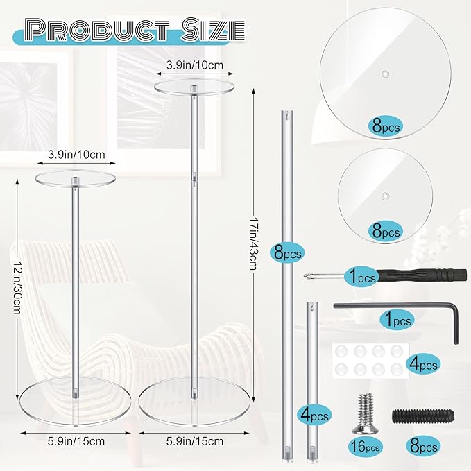 Geetery 8 Pcs Acrylic Hat Stand 12" to 17" Adjustable Clear Wig Display Rack Height Table Hat Holder Pedestal With Round Barbell Base Organizer Acrylic Risers