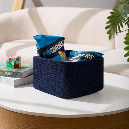 MiniArk Small Organizing Baskets for Cubes Shelf, 9.7x9.7x7.1 Inch Rope Woven Storage Bins for Nursery Shelves Storage, Cute Toy Basket, Square 3 Packs Navy Blue