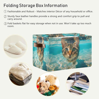 Large Storage Basket Cute Underwater Cat Storage Bin Cube Canvas Fabric Organizer Handles Collapsible for Clothes Toys Bedroom Decorative