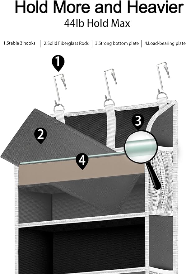 TAHAVICE 1 Pack Over the Door Organizer Storage, Hanging Organizer Closet with 5 Large Pockets 10 Mesh Pockets, 44 lbs Weight Capacity, Behind Door Storage for Nursery Bedroom Bathroom (Dark Grey)