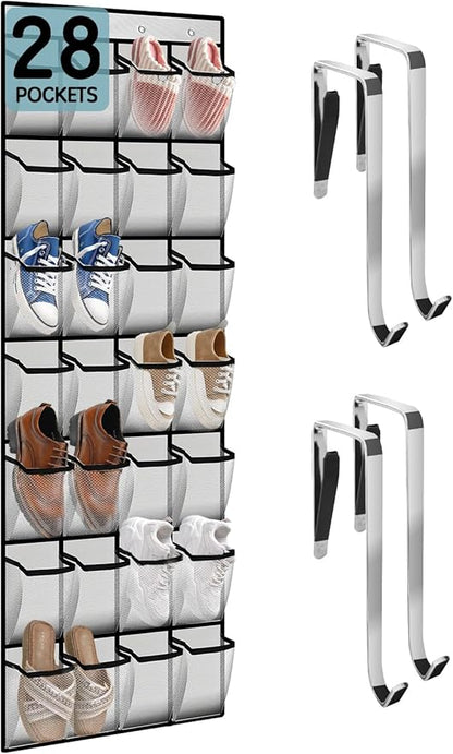 Kotkn 28 Compartment Over the Door Shoe Organizer, Breathable Mesh Large Shoe Rack for Closet Storage, Space Saving Hanging Shoe Holder with Reinforced Hooks (Fits Men & Women,White-01)