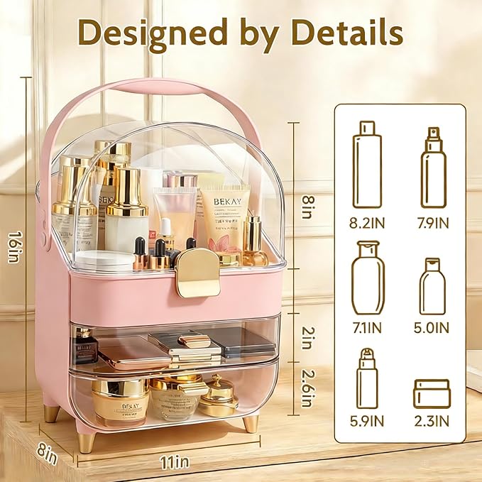 Makeup Organizer with 360 Rotating Brush Holder, Large Skincare Organizer for Vanity, Dustproof Cosmetic Display Case with 2 Drawers for Bathroom Countertop, 16" Tall Portable Beauty Storage,pink