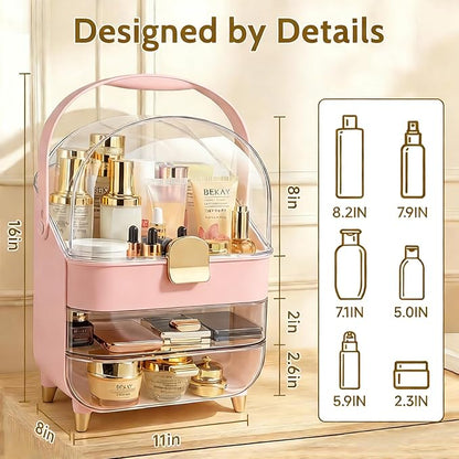 Makeup Organizer with 360 Rotating Brush Holder, Large Skincare Organizer for Vanity, Dustproof Cosmetic Display Case with 2 Drawers for Bathroom Countertop, 16" Tall Portable Beauty Storage,pink