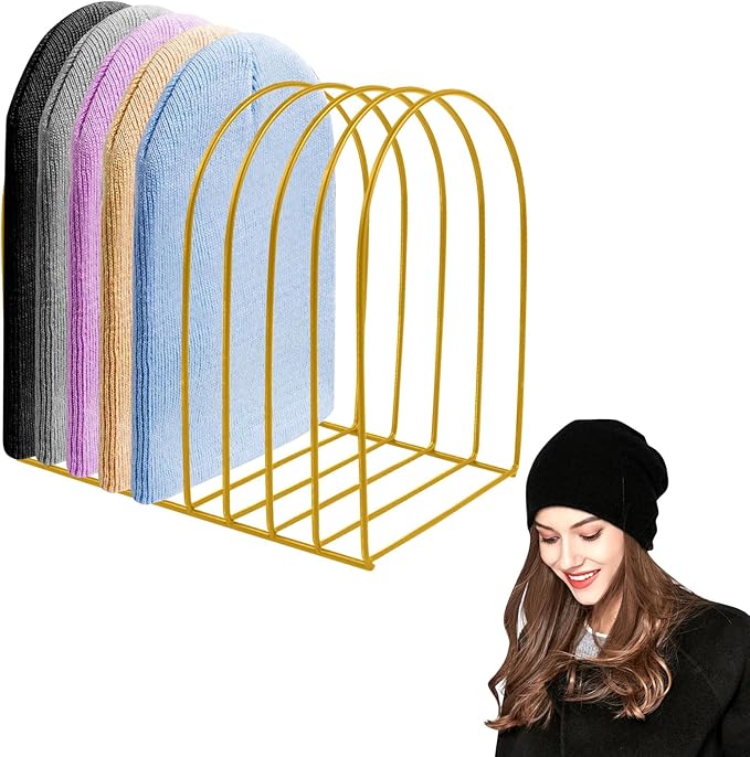 Beanie Holder Organizer, Knitted Hat Storage Rack Display Stand Metal Cap Holder for Winter Swimming Hat Display Home Entryway Tabletop Bedroom Closet Dresser Room Office (Gold, 1 Pcs)