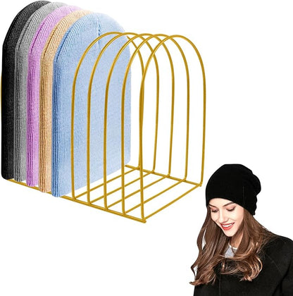Beanie Holder Organizer, Knitted Hat Storage Rack Display Stand Metal Cap Holder for Winter Swimming Hat Display Home Entryway Tabletop Bedroom Closet Dresser Room Office (Gold, 1 Pcs)