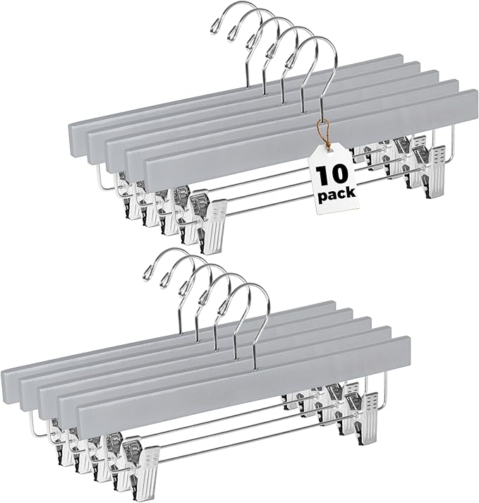 Quality Hangers Wooden Pants Hangers - 10-Pack Swivel Hook Cloth Hanger Set - Lotus Wood Skirt, Pant, Shorts and Slack Hangers with Adjustable Clip – Gray Clothing Hanger (Gray, 10)