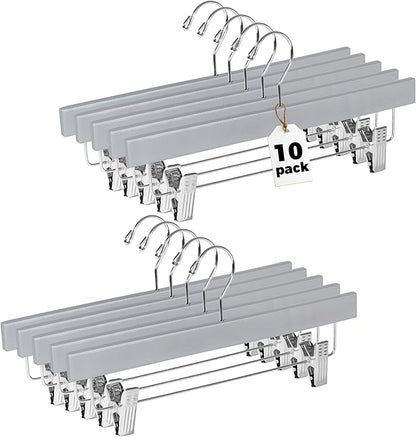 Quality Hangers Wooden Pants Hangers - 10-Pack Swivel Hook Cloth Hanger Set - Lotus Wood Skirt, Pant, Shorts and Slack Hangers with Adjustable Clip – Gray Clothing Hanger (Gray, 10)